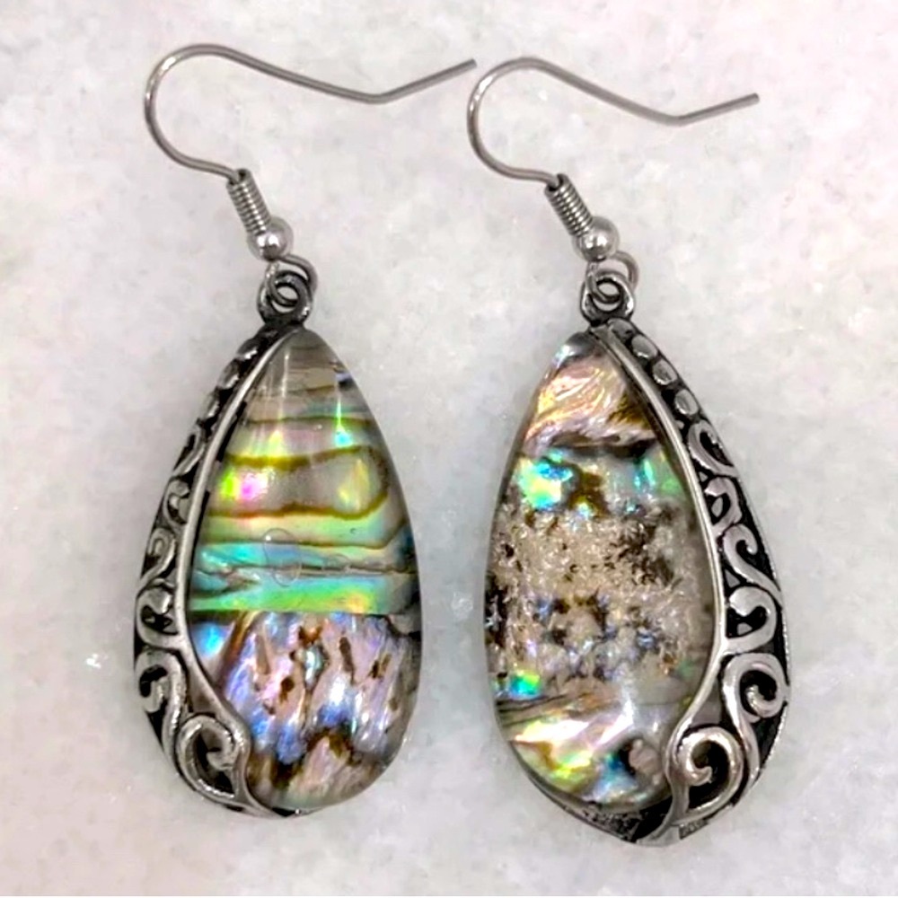 🛍️ Abalone Shell Black Oxidized Stainless Steel 316L Drop Earrings NWOT